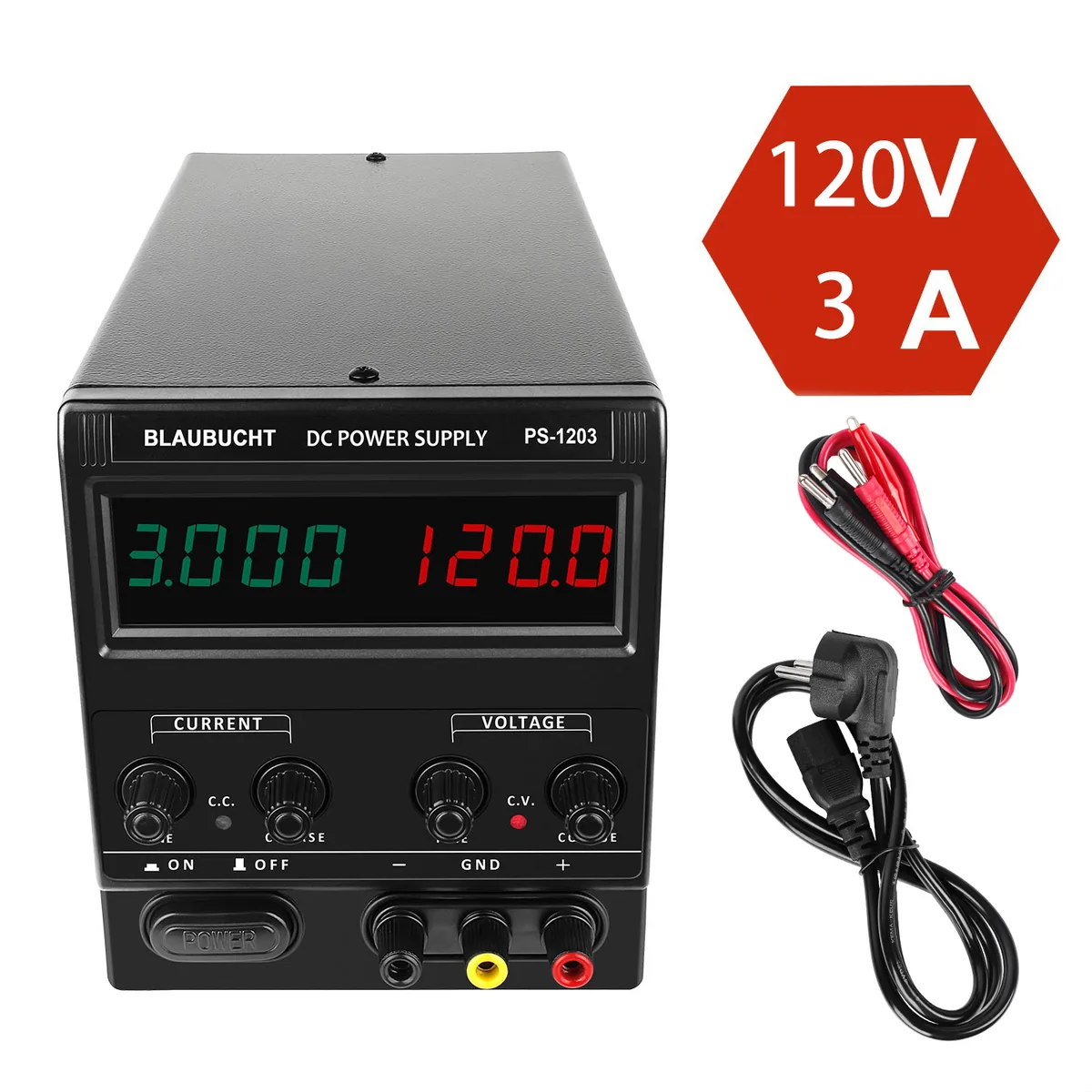 Регулируемый источник питания постоянного тока Kuaiqu PS1203 с 4-значный светодиодный цифровым дисплеем, 120В / 3А, цвет черный